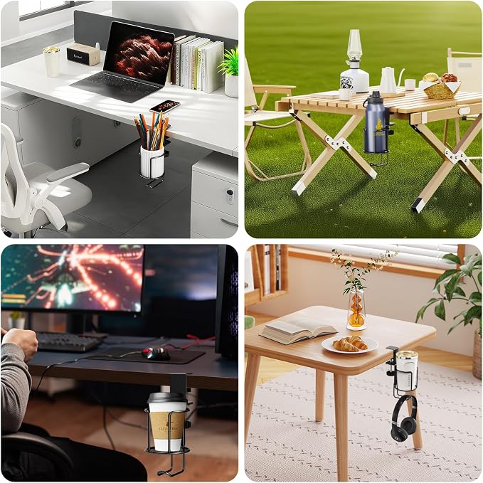 CABTE 2 Pack 2 in 1 Desk Mug Hooks with Headphone Hanger Holder, Anti-Spill Clip-On Table Mug Hooks with 360° Rotation for Lawn Chair, Office Home Gaming Table