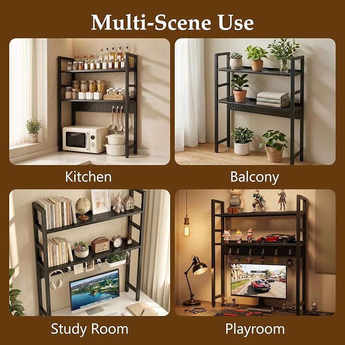Brakki 2-Tier Desk Shelf, Desk Hutch Bookshelf, Desktop Shelf Bookcase with Pegboard and Hooks for Computer Monitor, Metal Desktop Hutch Storage Organizer for Dorm Home Office, 30" W, Black
