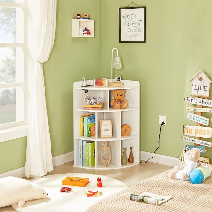VECELO Corner Cube Shelf with USB Ports & Outlets, Modern Corner Toy Storage Rack with Adjustable Shlef, Wooden Display Bookshelf Bookcase for Living Room, Bedroom, Dining Room, Kitchen, White