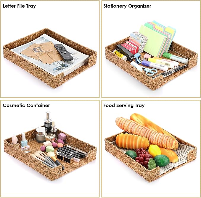 BTSKY Multipurpose A4 File Tray Natural Seagrass Desk Tray Organizer Woven Letter Size Desk Documents Trays Magazine Files Storage Basket Organizer Bin for Office Cosmetics Bathroom, Caramel