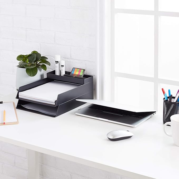 Amazon Basics Rectangular Plastic Desk Organizer, Half Accessory Tray for Office Supplies and Workspace Organization, 9.4" x 3.3" x 1", Black (Pack of 2)