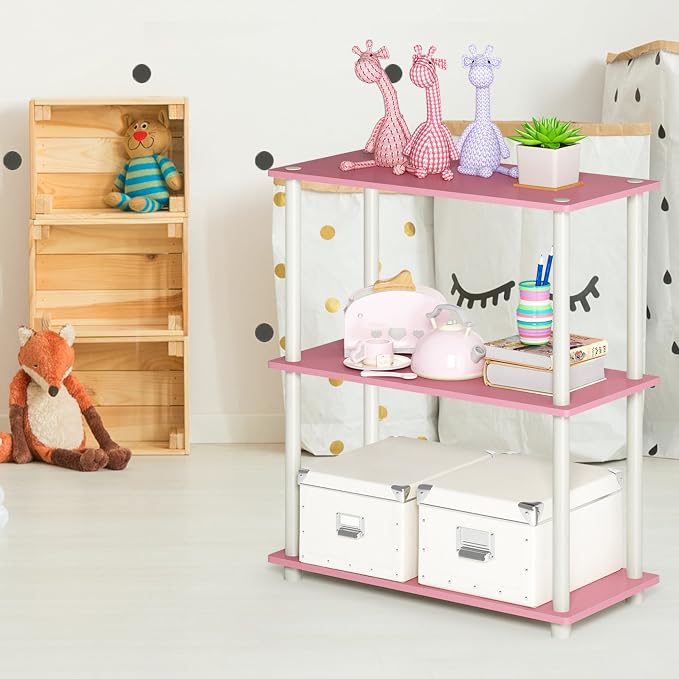 Furinno TURN-N-TUBE Storage Shelves, 3-Tier Book Shelf, Corner Shelf, Toolless Open Shelves, for Organization and Storage, Living Room, Garage, Home Office, Pink