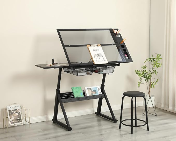 Hand Crank Adjustable Drafting Table with Tempered Glass Top, Height Adjustable Art Drawing Desk with Metal Drawers, Slide-Up Pencil Ledge & Stool, Drafting Desk for Home Studio Office