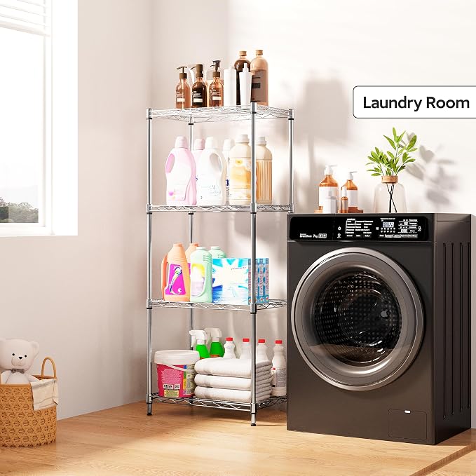 M MZG 4 Tiers Shelf Metal Storage Shelves Wire Rack Closet Organizers with Wheel for Garage Kitchen Bathroom Laundry Chrome 11.8" D x 17.7" W x 41.9" H