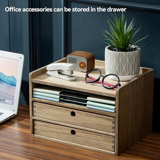 KIRIGEN Desktop Organizer Cabinet with 2 Drawers and Tray, Wood Office Desk Storage Shelf, 3-Tier Countertop Organizer for Papers, Supplies, Cosmetics, Kitchen Accessories Brown DT3D2C-DBR