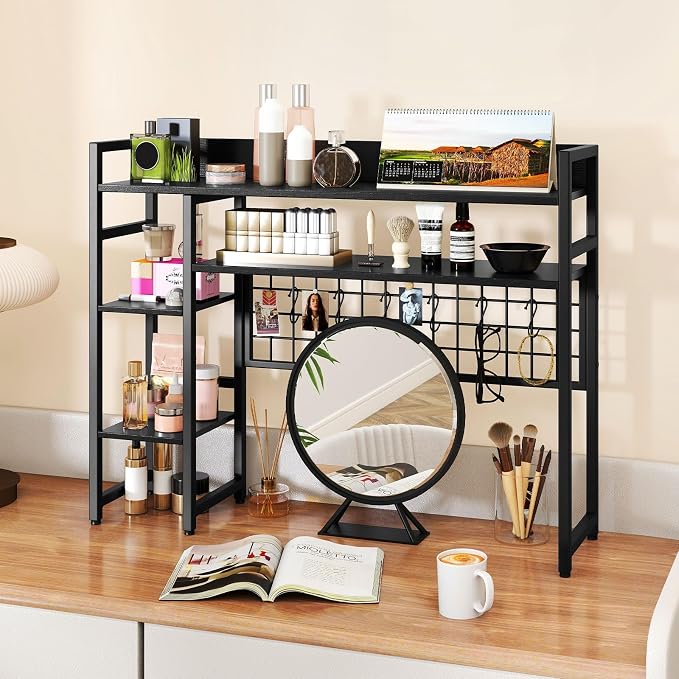 Giantex Desktop Bookshelf, 37" Desk Shelf for Up to 32" Computer Monitors, 4 Tier Desktop Display Shelves with Grid Panel, 6 Movable Hooks, Anti-tip Device, Desk Hutch for Home Office Dorm (Black)