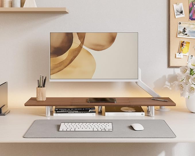 Fenge 39.4 Inch Dual Monitor Stand, Height Adjustable Monitor Riser Stand for Desk, Wooden & Steel Monitor Shelf for 2 Computers up to 99lbs, Stable Desk Organizer for PC Laptop TV, Brown