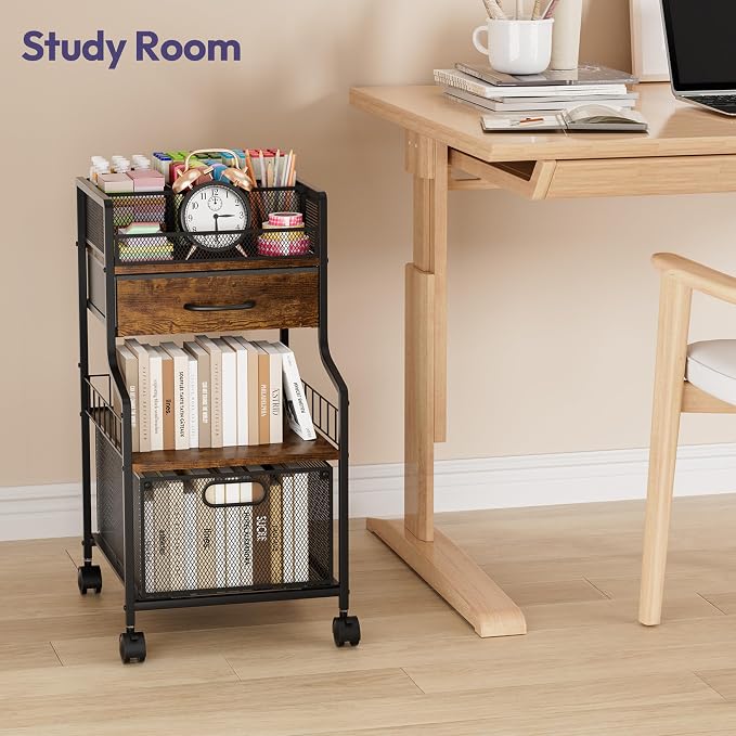 SWTYMIKI Under Desk Storage Cart- Art Storage Cart with Drawers & DIY Divider - Office Cart Organizer Under Desk Shelf, Craft Rolling Cart for Office, Craft Room & Studio Espresso