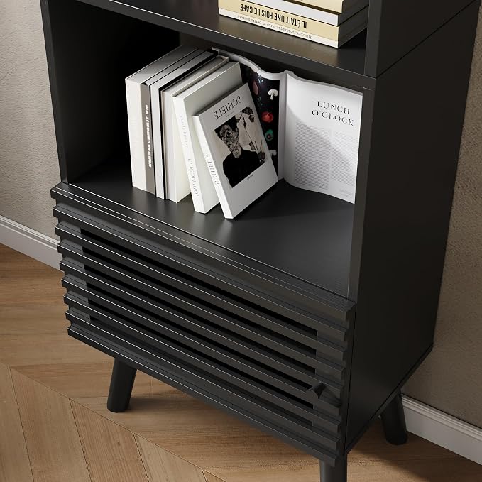 Furnify Small Narrow Corner Bookcase, 55" H Mid Century Modern Bookshelf with Slatted Door, 4 Cube Bookcase with Open Shelf, Display Storage Cabinet for Living Room, Home Office, Black