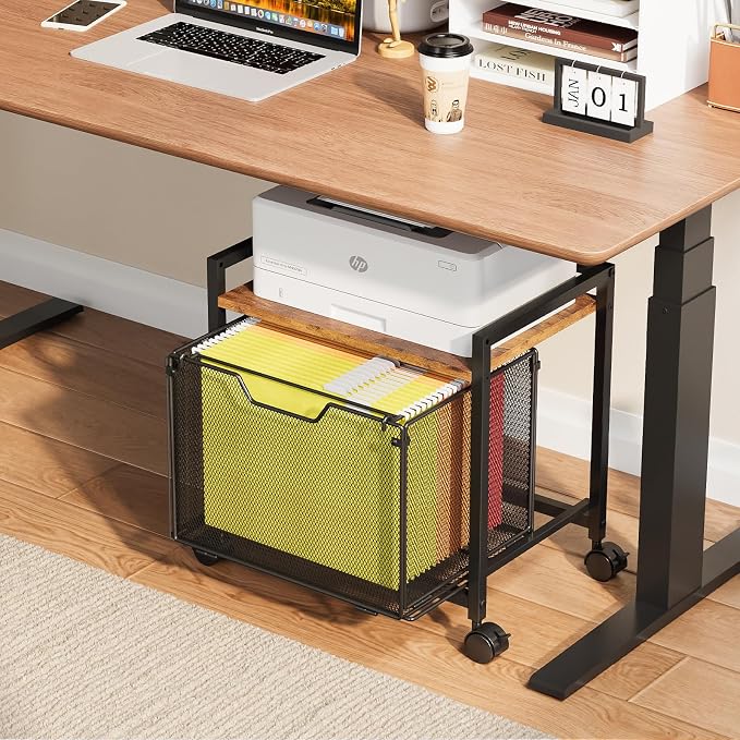 JKsmart Printer Stand with Sliding Drawer, Under Desk File Cabinet with Caster Wheels,Rolling File Cart, 2 Tier Industrial Storage Shelf, Sofa Side Table Organizer for Home, Office, Brown