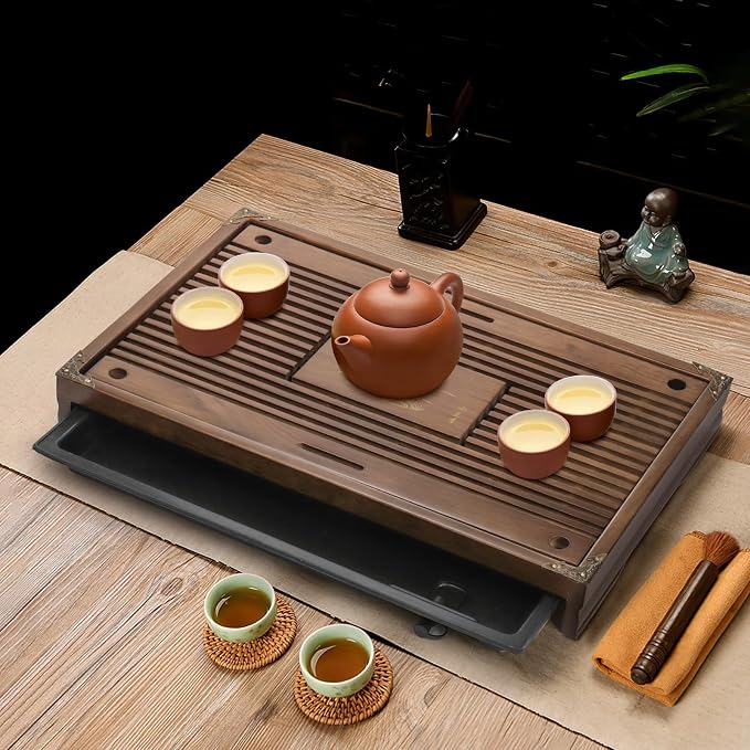 Eorbow Wooden Tea Tray, 17 Inch Chinese Kung Fu Tea Tray, Gongfu Tea Table with Water Storage Box, Household Filter Tea Serving Tray Gift Set for Home, Office, Bar