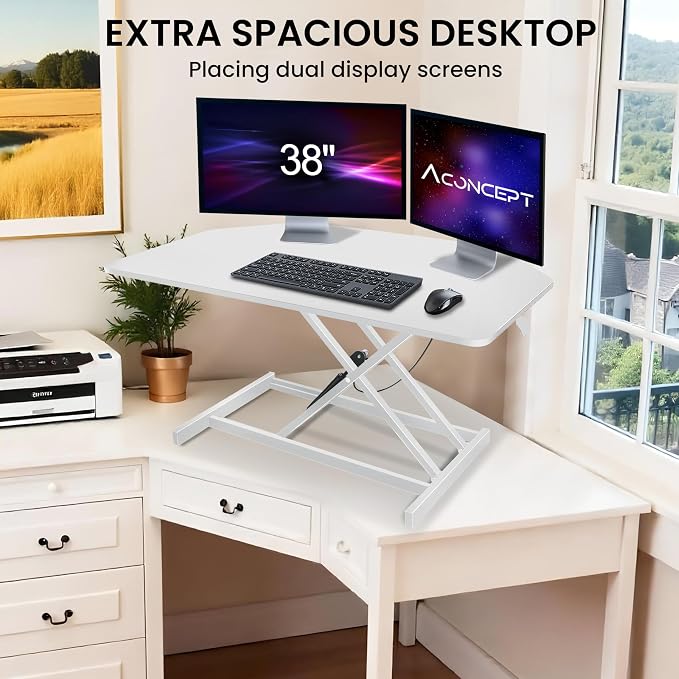 Aconcept 38 inch White Corner Height Adjustable Standing Desk Converter, One-Click Sit to Stand up Desk Riser, Pre-Assembled for Dual Monitor and Laptop Workstation
