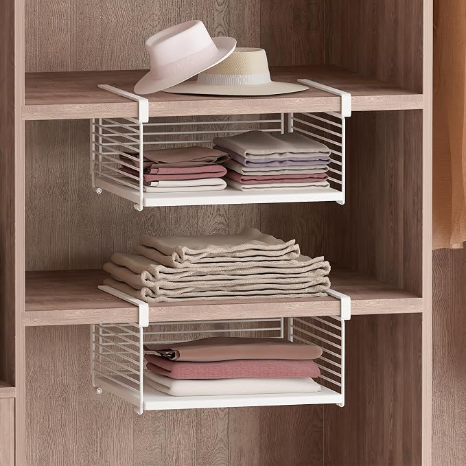Under Shelf Storage Basket, Hanging Wire Basket with 1.13 Inches Thick Clips for Kitchen, Pantry or Laundry Room, Under Cabinet or Desk Storage Organizer, White, 13.75" L-Solid Bottom, 2 Pack
