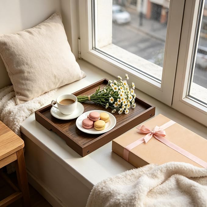 Breakfast Tray with Folding Legs Set of 2, Bamboo Bed Tray Table 15.7" Foldable TV Dinner Tray with Ergonomic Wave Handles for Bed Couch Sofa, Breakfast, Snacks, Coffee, Walnut