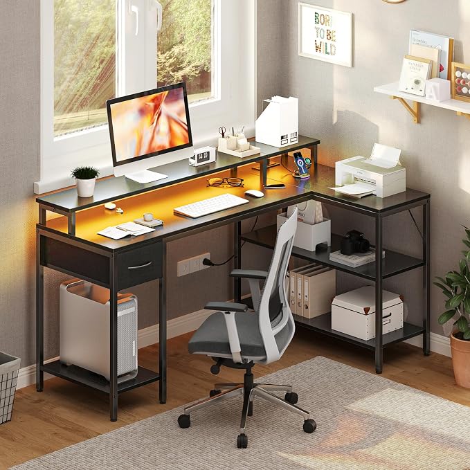 DUMOS 53" Gaming Desk with USB Charging Ports & LED Lights, Reversible L-Shaped Corner Computer Table for Small Spaces, Power Outlets, Monitor Stand & Storage Shelves Included, Black