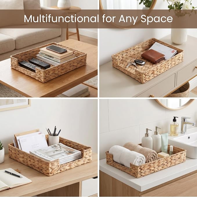 Set of 2 Letter Tray Water Hyacinth,Desk Organizer for Office Supplies | Desk Tray Organizer for A4 Paper, Magazine, Jewelry Cosmetics, Paper Holder Storage Basket for Office, School, and Workspace