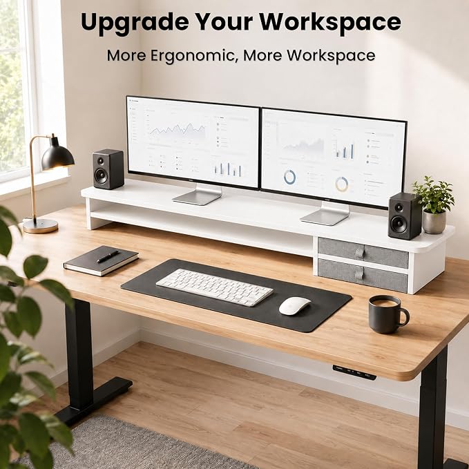 Dual Monitor Stand, 42.5 Inch Wood Monitor Riser with Drawers, 2 Tier Desktop Organizer for Computer Laptop TV, Large Screen Stand for Home Office Desk