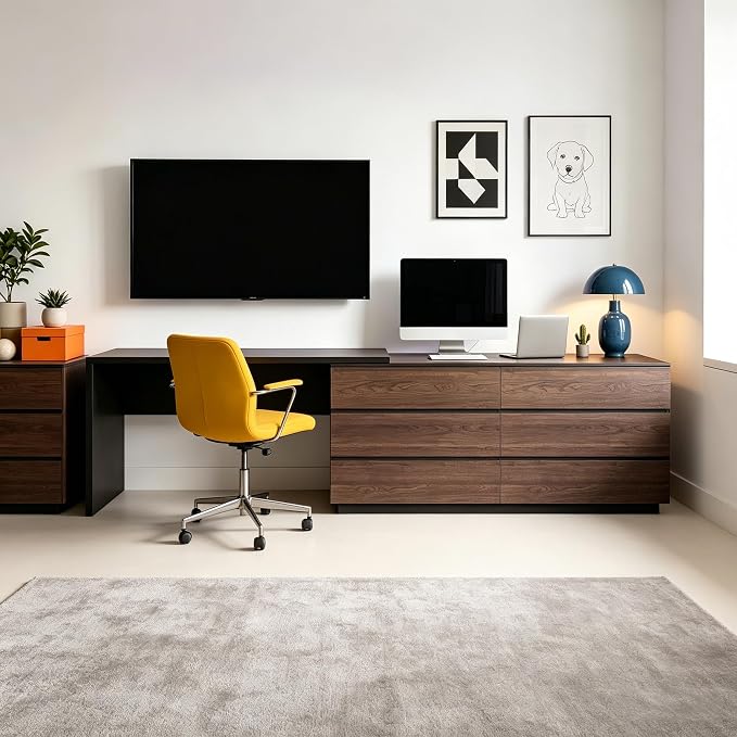 Retractable L-Corner Computer Desk with 6 Organizer Drawers for Games, Make-up, Home Office, Walnut