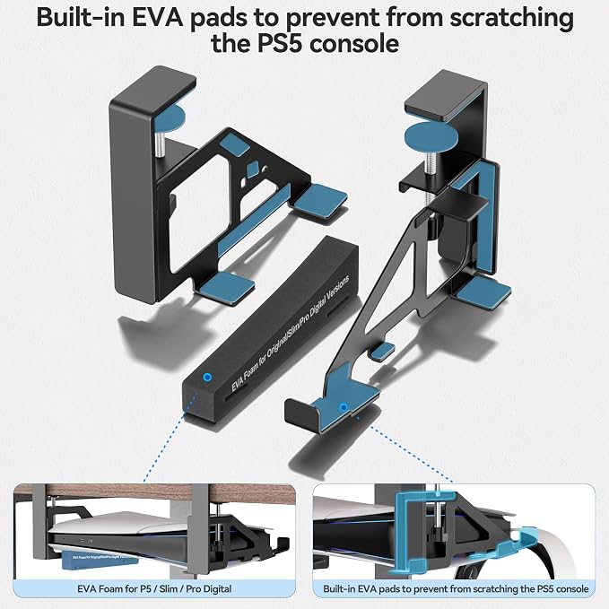 No-Drill PS5/Slim/Pro Under Desk Mount, Metal Under Desk PS 5 Mount for PS5 Slim Digital & Disc, PS 5 Holder Under Desk with Clamp, Screw and EVA Foam for PS 5/Slim/Pro Digital Console
