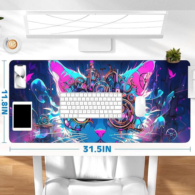 Gaming Desk Mat with Silky Smooth Surface & Exquisite Patterns,31.5x11.8 Inches Large-Sized Mouse Pad, Perfect for Extended Gaming,Work,and Home Office Decor (Cool Cat Head 2)