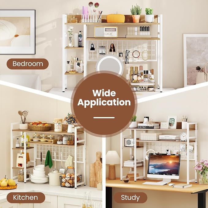 Tangkula Desktop Bookshelf for Computer Monitor Up to 32”, Countertop Storage Hutch with 4 Open Storage Shelves, Grid Panel, Anti-tip Device, 4-Tier Desktop Display Shelves for Home Office (Natural)