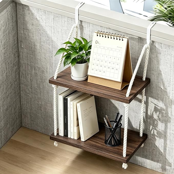 2 Tier Cubicle Shelf Hanging - 11.8 Inch Office Cubicle Wall Shelf with Rope Adjustable Hooks, Office Desk Accessories for Office Decor, Organizer, Storage in Workspaces(Brown)