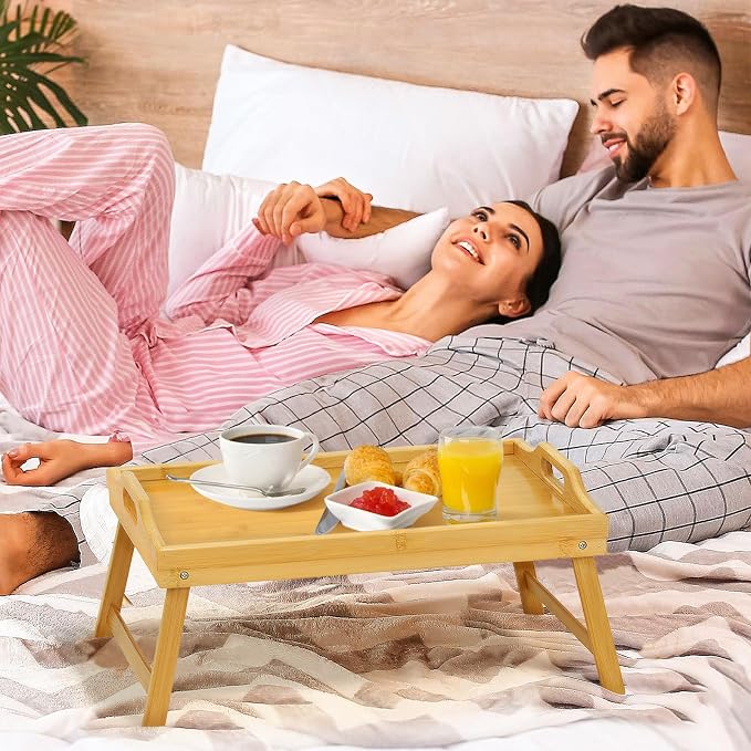 2 Pack Bamboo Bed Tray Table, Folding Legs and Handles, Breakfast Tray, Laptop Desk for Bed or Sofa, Serving Tray for Eating, Working, Reading,Picnic