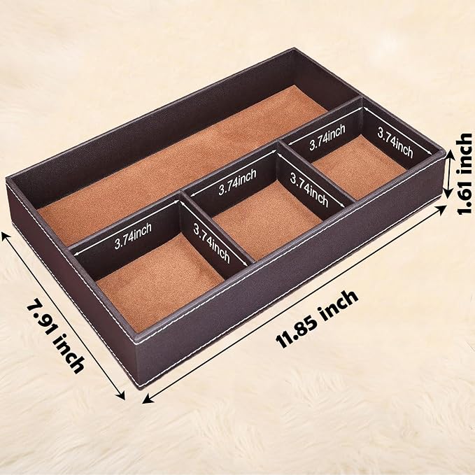 Leather Valet Tray Organizer, Stackable Nightstand & Dresser Storage Tray, Entryway Desk Catchall Tray for Keys Wallet Watch Phone, Bedside Desktop PU Leather Drawer Caddy Tray - Brown