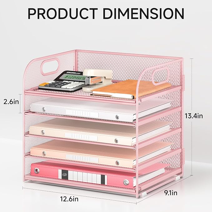 Lavatino Desk Paper Organizer with Handle, 2 Pack 5-Tier Pink Mesh Desk File Folder Holder Letter Tray Sorter Organizer for Office, Home or School