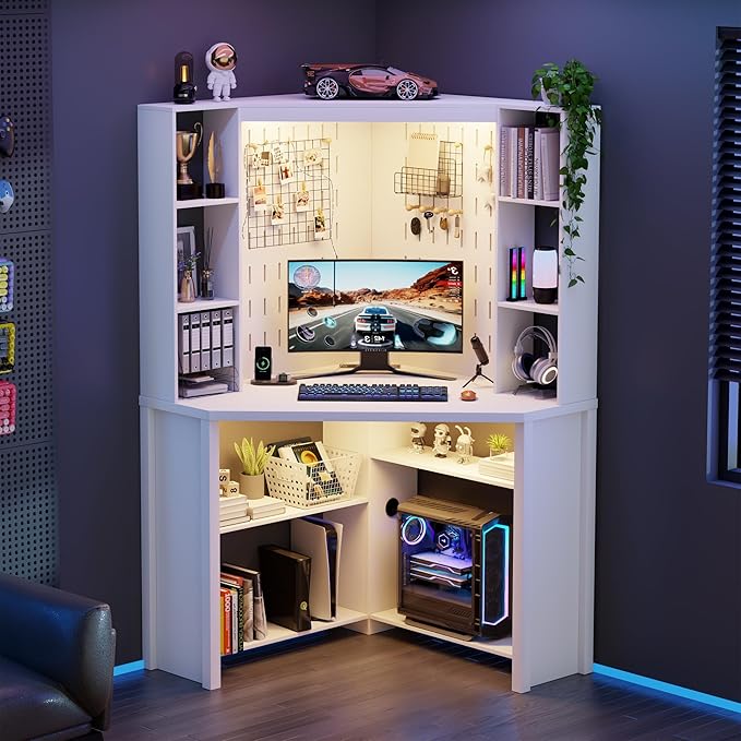 Corner Desk with - LED Reading Light, L-Shaped Computer Desk w/Hutch & Shelves, Home Office Desk w/Charging Station for Work & Study, File Cabinet Storage Bookshelf for Small Space (White)