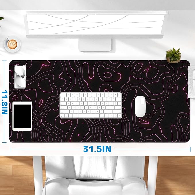 Gaming Desk Mat with Silky Smooth Surface & Exquisite Patterns,31.5x11.8 Inches Large-Sized Mouse Pad, Perfect for Extended Gaming,Work,and Home Office Decor (Red Topographic Lines)