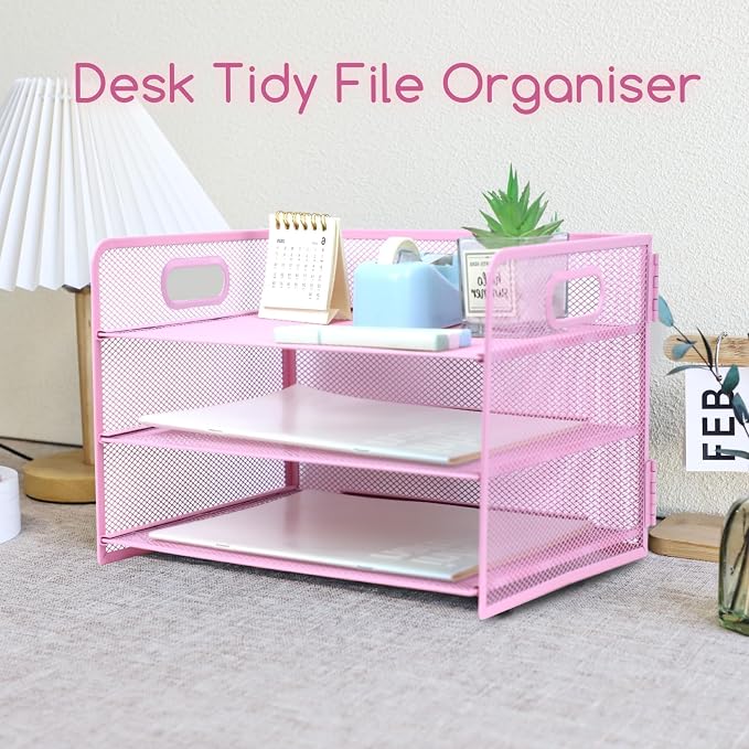 3 Tier Lettrer Tray Organizer with Handle, Metal Mesh Desk File Organizer with Sliding Trays, Paper Sorter Desk for Home Office School, Pink