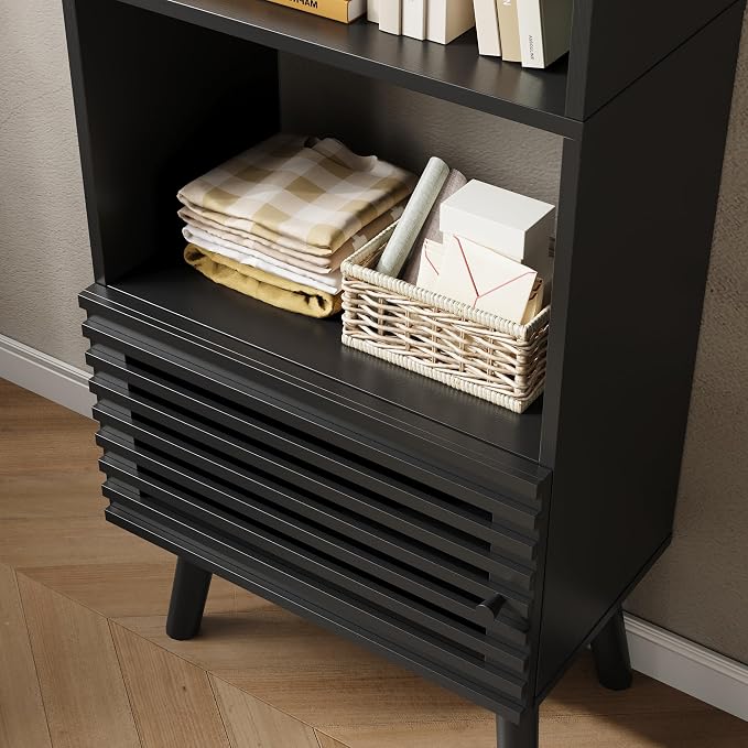 Furnify Open Shelf Cube Bookcase, 68" Tall Freestanding Bookshelf, Slatted Door Narrow Corner Bookcase with 5 Cubes, Mid-Century Modern Display Storage Cabinet for Living Room, Home Office, Black