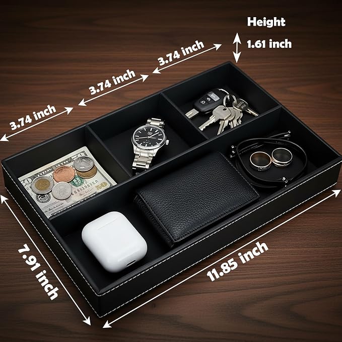 Leather Valet Tray Organizer, Stackable Nightstand & Dresser Storage Tray, Entryway Desk Catchall Tray for Keys Wallet Watch Phone, Bedside Desktop PU Leather Drawer Caddy Tray - Black