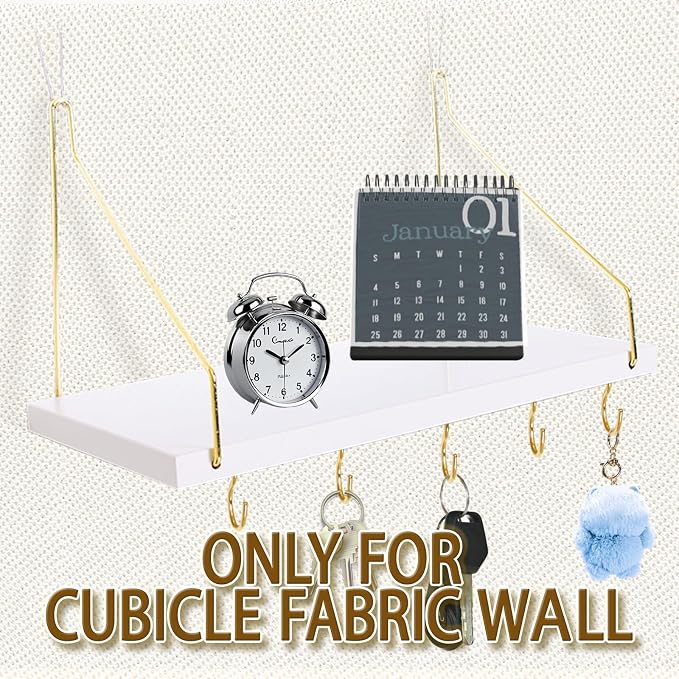 3-Pack Cubicle Shelf For Fabric Walls With Hooks:12x6.0in White Wooden Cubicle Shelf Hanging Organizer Gold Shelves Accessories Office Stylish Ations cubical Decorations For Women Desk work storage