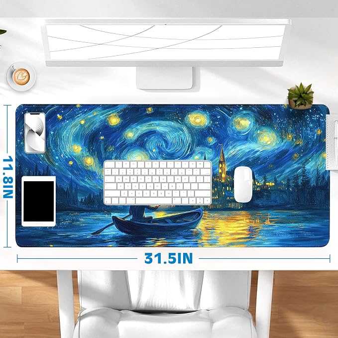 Gaming Desk Mat with Silky Smooth Surface & Exquisite Patterns,31.5x11.8 Inches Large-Sized Mouse Pad, Perfect for Extended Gaming,Work,and Home Office Decor (Van Gogh Oil Painting 1)