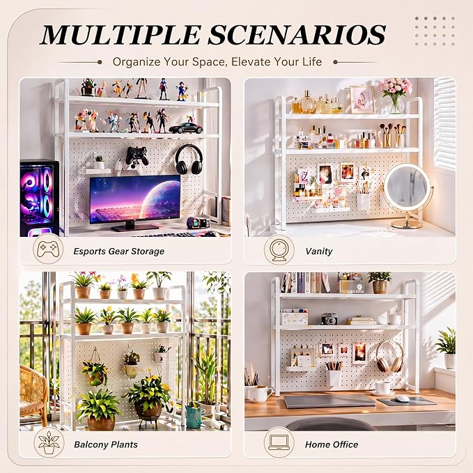 Leinuosen Desktop Shelf for Dorm Desk Hutch Bookshelf with Pegboard and Hooks 2 Tier Organizer Countertop Storage Bookcase Metal Hutch Display Rack with Hooks for Home Office College Dorm