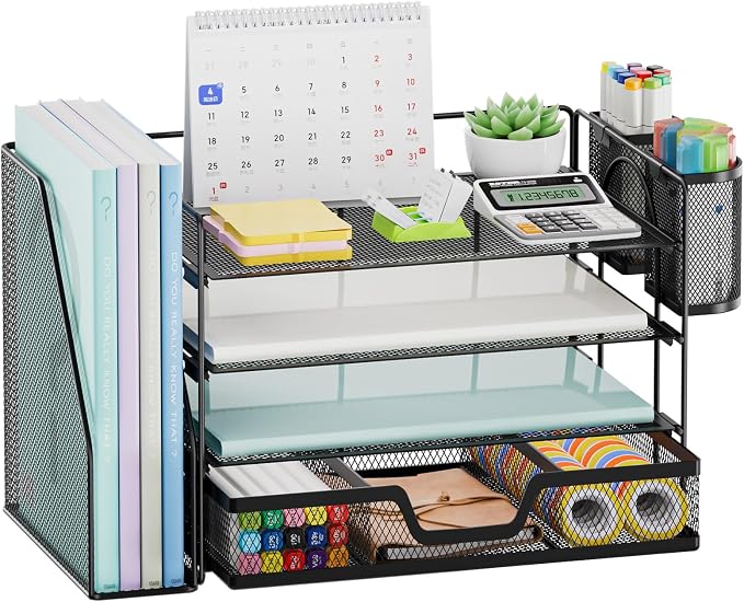 Marbrasse Desk Organizer and Accessories,4-Tier Paper Letter Tray Organizer with File Holder, Desk Accessories & Workspace Organizers with Drawer and 2 Pen Holder (Black, 15.4" x 9.1" x 8.3")
