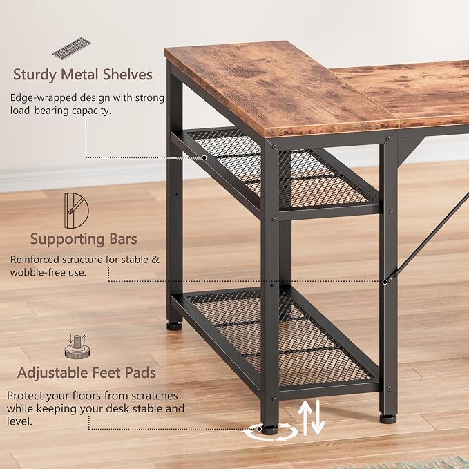 Furologee 49" L Shaped Computer Desk with Power Outlets, Reversible Home Office Desk with Fabric Drawers, File Cabinet, Printer Table, Metal Storage Shelves, Corner Desk for Small Space, Rusitc Brown