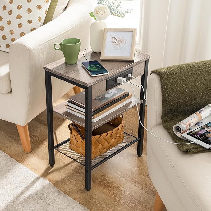 HOOBRO Side Tables Set of 2 with Charging Station and USB Port, Small End Tables for Small Space, 3-Tier Nightstands with Adjustable Shelf, for Living Room, Bedroom, Greige and Black BG112BZP201