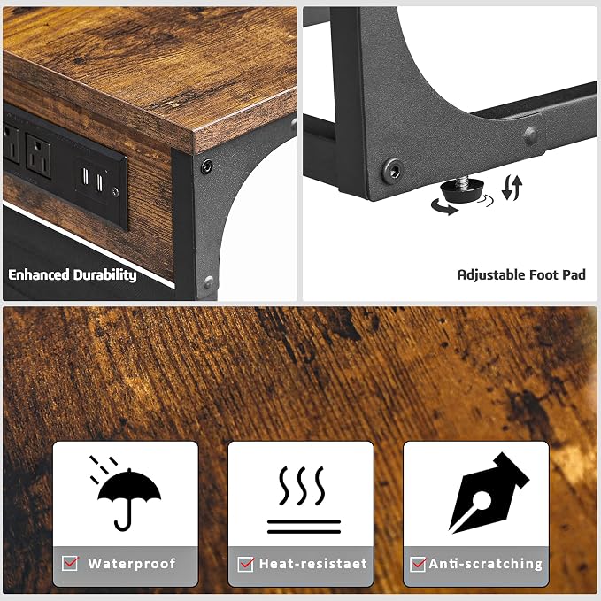 TUTOTAK C Shaped End Table with Charging Station, Side Table for Sofa, Couch Table with Storage Bag, TV Tray with 2 USB Ports and Outlets for Living Room, Bedroom, Brown TB01BB024