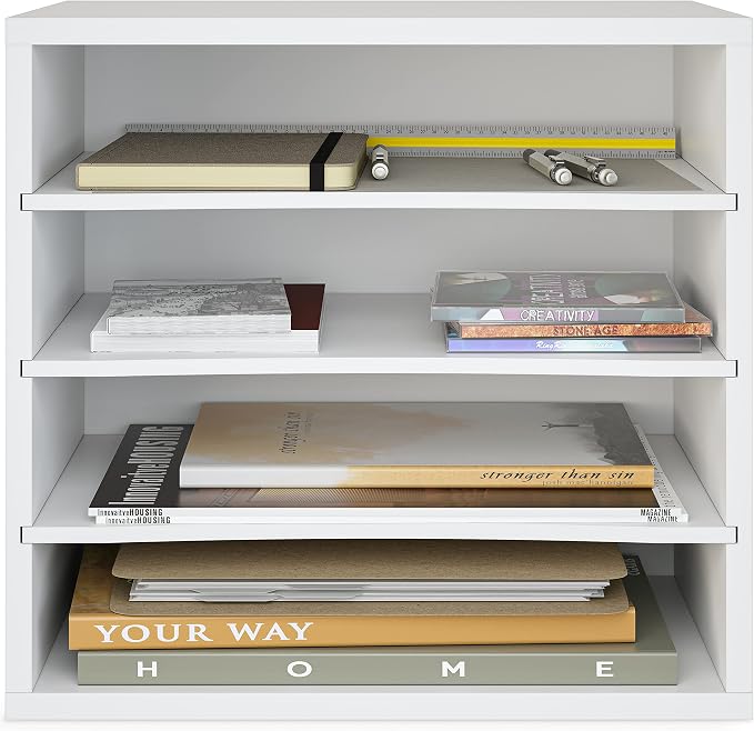 Ballucci 4-Tier Paper Organizer for Desk, Stackable Organizer Tray, Desk Storage Shelves, Stacking Letter Paper Tray Sorter for Classroom, Office, White