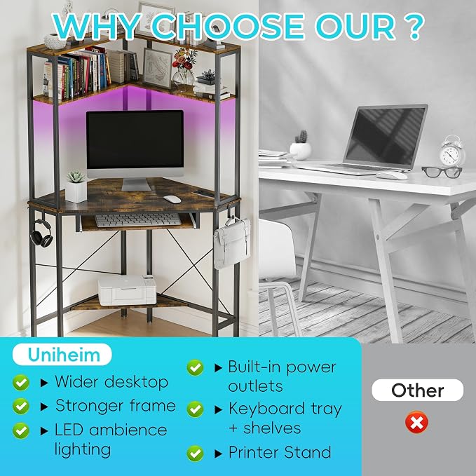 Corner Desk with Hutch and LED Lights, Corner Computer Desk with Keyboard Tray and Monitor Stand, Small Computer Desk for Small Spaces, Home Office(Rustic Brown)