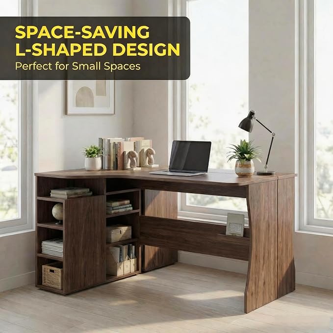 IDEALHOUSE L Shaped Desk with Storage Shelves, Small Corner Desk for Small Spaces, Reversible Table with 3 Tier Shelves, Home Office, Writing Study Gaming Desk, Walnut Wood