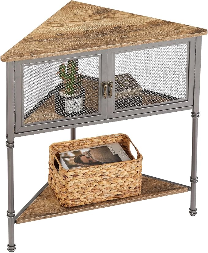 VECELO 3-Tier Corner Table,Cabinet with Mesh Door and Open-Shelf,Corner Shelf Stand,Metal Frame Storage Shelf Organizer Display Shelves for Bedroom,Living Room,Kitchen,Bathroom