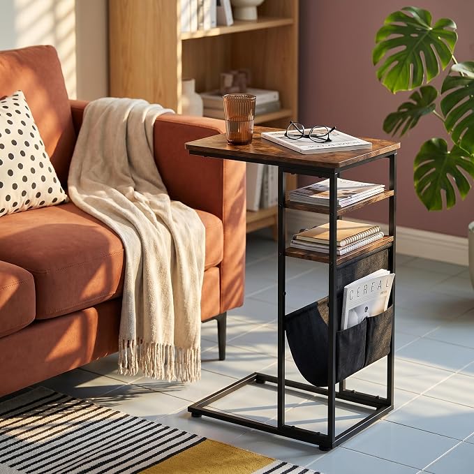 C Shaped End Table 28"(H) 3-Tier C Table with Storage Bag, Under Couch Table C-Shaped End Table with Storage Shelves and Bag for Living Room, Bedroom, or Office