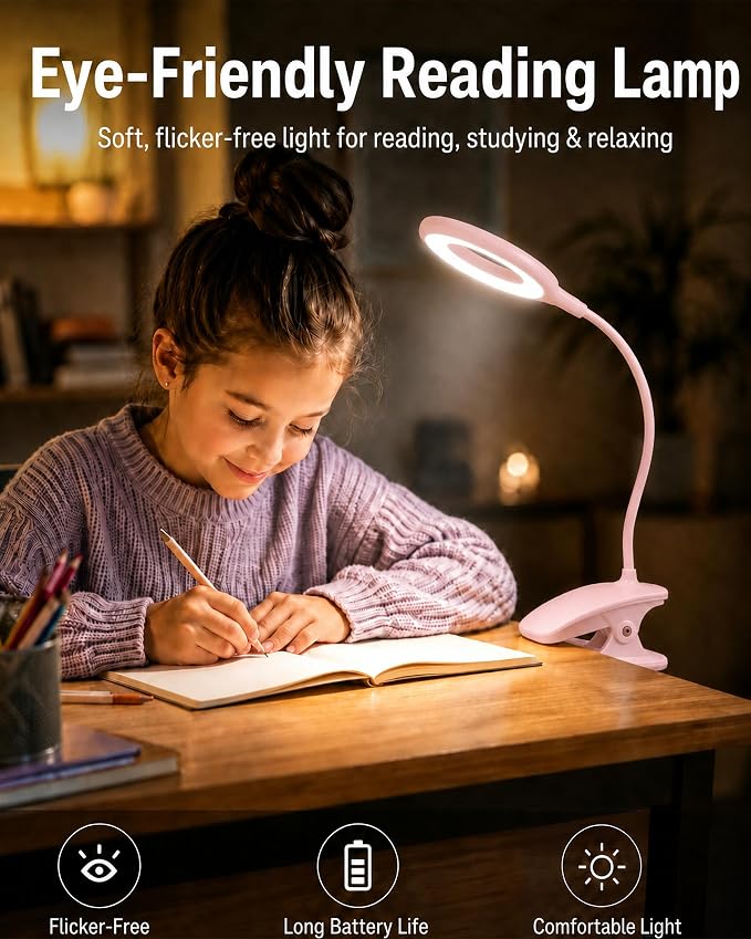 Clip On Reading Light for Bed Headboard, USB Rechargeable Cordless Clamp Lamp for Dorm Room Essentials, Touch Dim, 3 Colors, Eye Protect LED Desk Lamp for College Dorm Room, Gooseneck, Pink