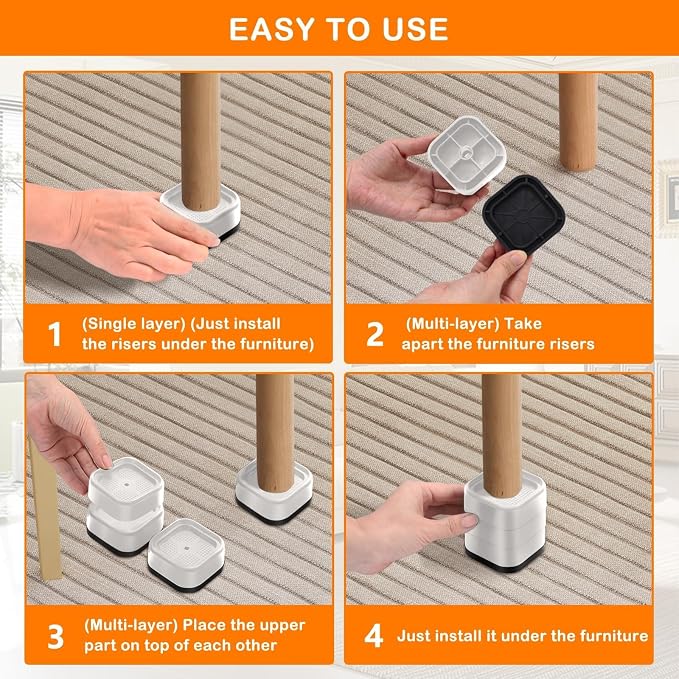 Furniture Risers Adjustable Bed Risers Heavy Duty Lifts Height 2", Square Stackable Bed Risers 1, 2, 3 or 4 Inch for Desk Leg Table Couch Sofa Chair Bed Frame Legs Dorm, 1+1 Inch, White, 4 Pack