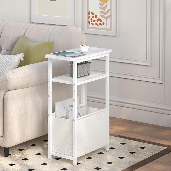 sthmec Narrow Side Table, Skinny End Tables with Fabric Basket, Small Side Tables for Small Space, 2-Tier Open Shelves with Basket, Slim Nightstands for Bedroom,Living Room,Office, White