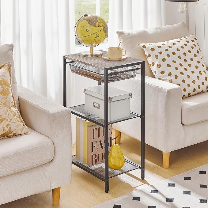 HOOBRO 28.7 Inch Tall Side Table, 3-Tier Industrial Telephone End Table with Adjustable Metal Mesh Basket, Desk Side Table with Storage Shelves, for Living Room, Bedroom, Office, Greige BG06DH01